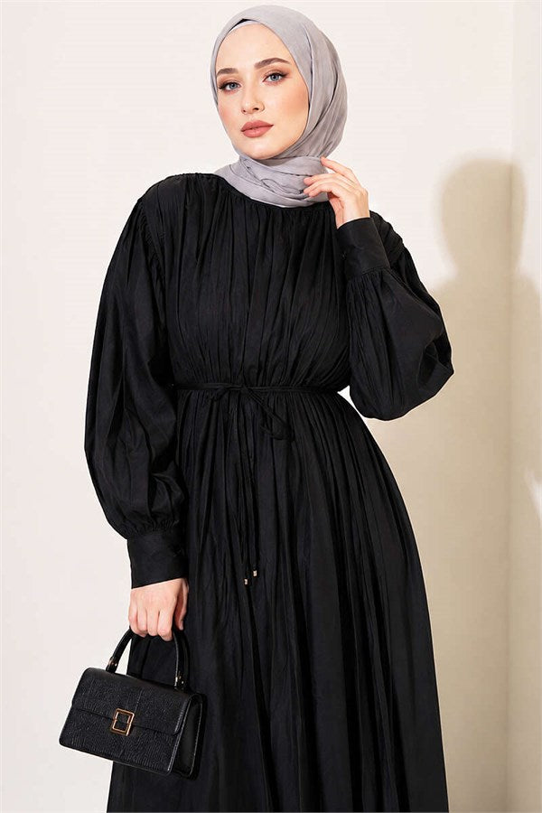 Black Vertical Pleated Dress with Elastic Waistband