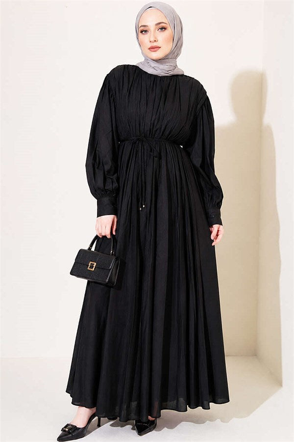 Black Vertical Pleated Dress with Elastic Waistband