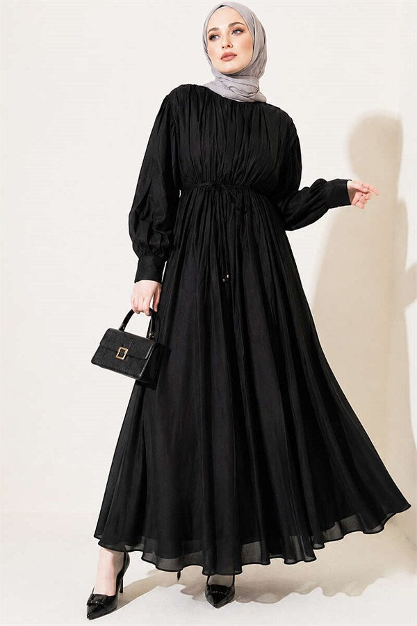 Black Vertical Pleated Dress with Elastic Waistband