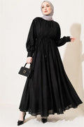 Black Vertical Pleated Dress with Elastic Waistband