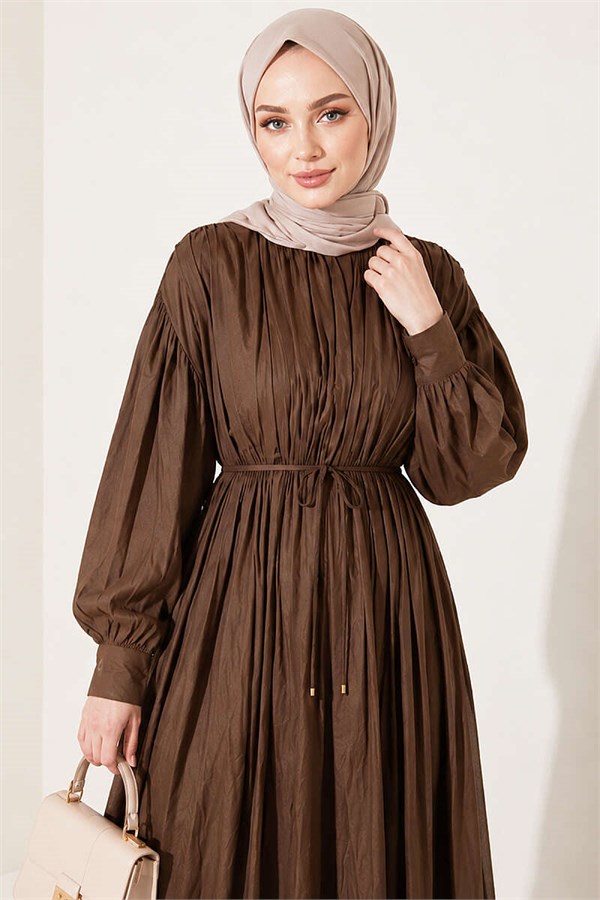 Vertically Pleated Dress with Elastic Waist, Mink Color