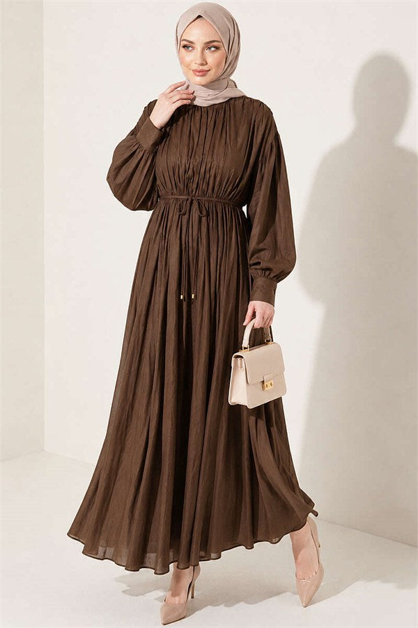 Vertically Pleated Dress with Elastic Waist, Mink Color