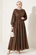 Vertically Pleated Dress with Elastic Waist, Mink Color