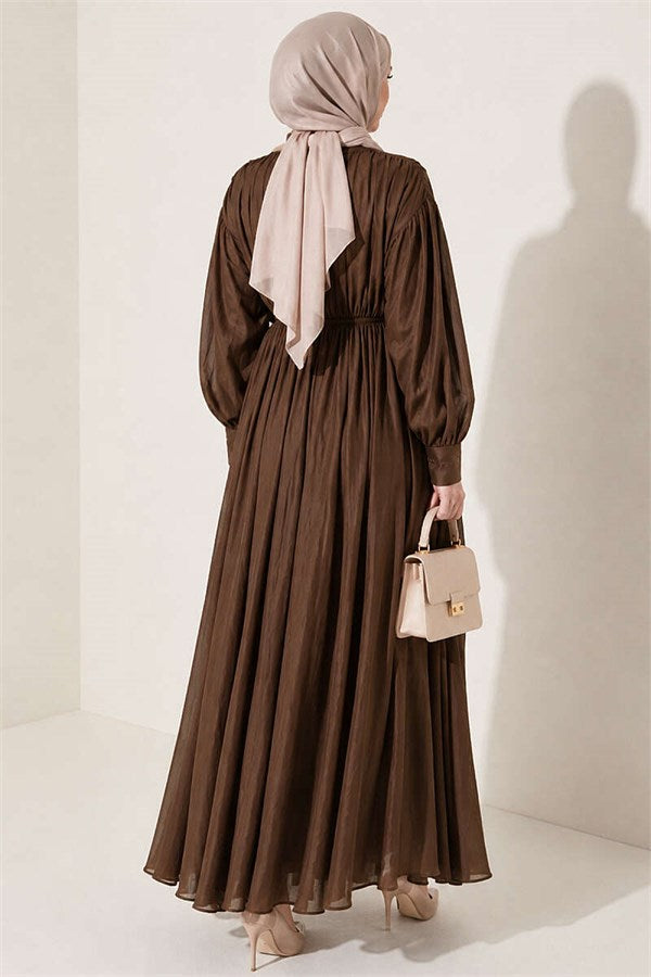 Vertically Pleated Dress with Elastic Waist, Mink Color