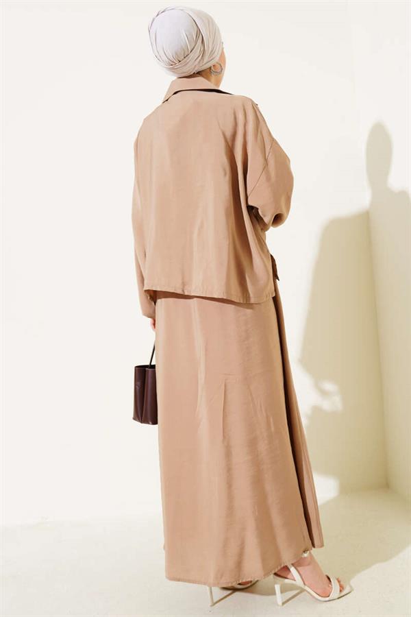 Elastic Waist Button Detail 2 Piece Set Latte