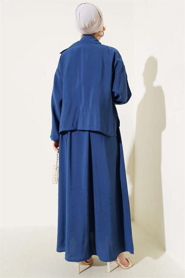 Waist Elastic Button Detail Dress Suit Navy Blue
