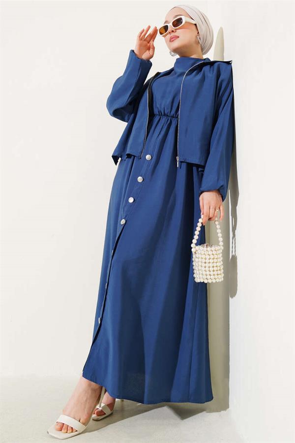 Waist Elastic Button Detail Dress Suit Navy Blue