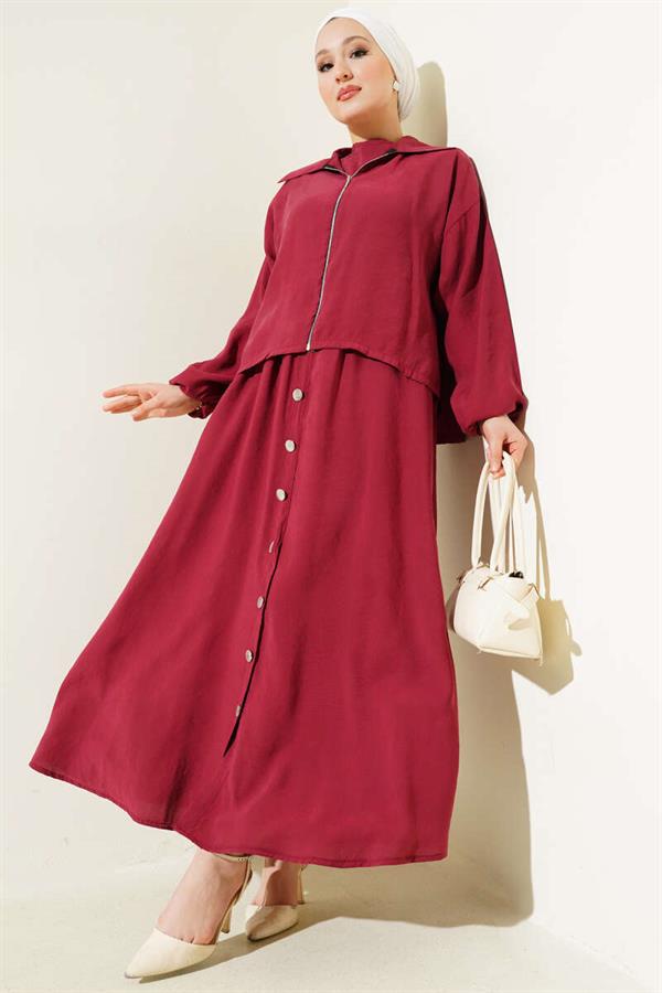 Waist Elastic Button Detail Dress 2 Piece Set Claret Red