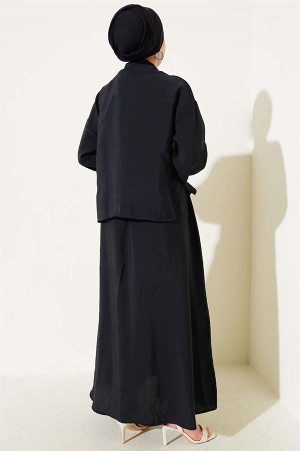 Elastic Waist Button Detail 2 Piece Set Black