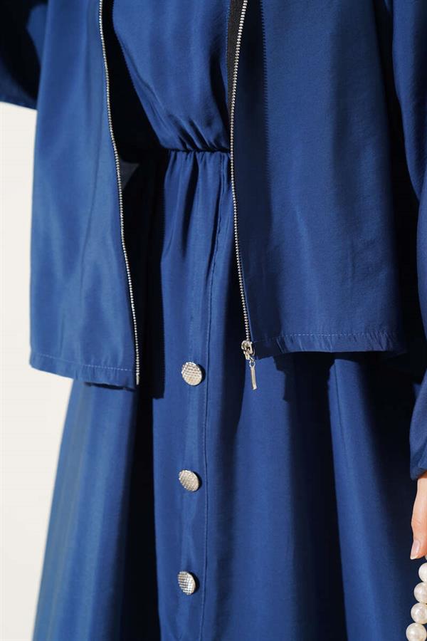 Waist Elastic Button Detail Dress Suit Navy Blue