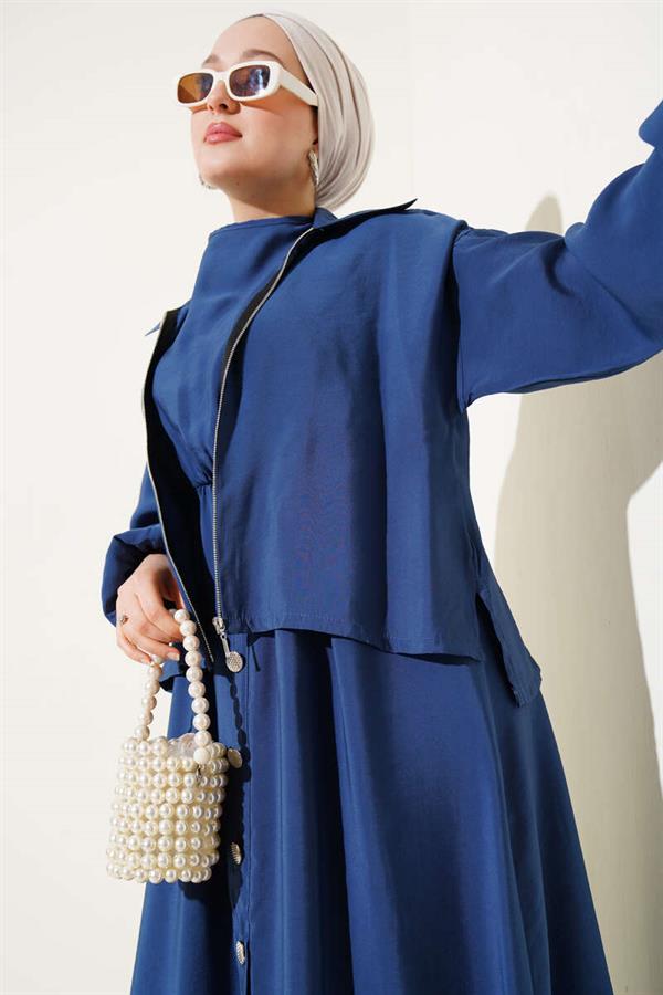 Waist Elastic Button Detail Dress Suit Navy Blue