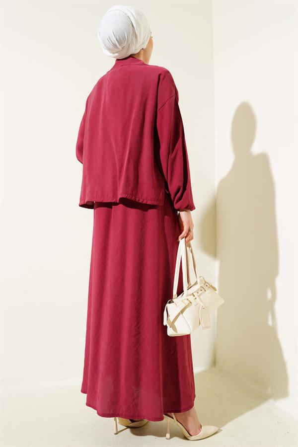 Waist Elastic Button Detail Dress 2 Piece Set Claret Red