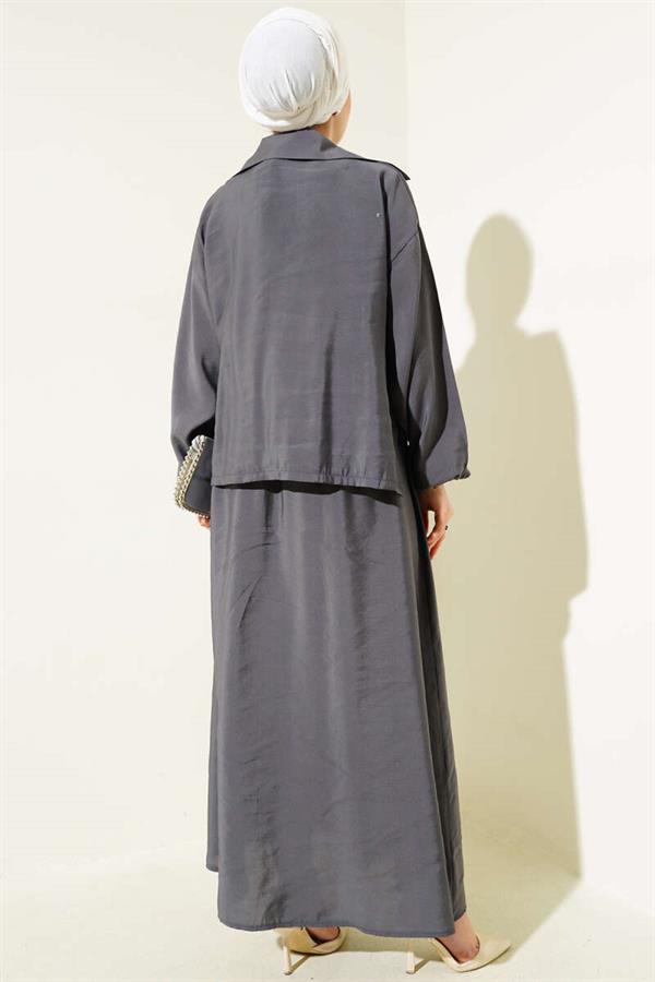 Waist Elastic Button Detail Dress 2 Piece Set Smoke