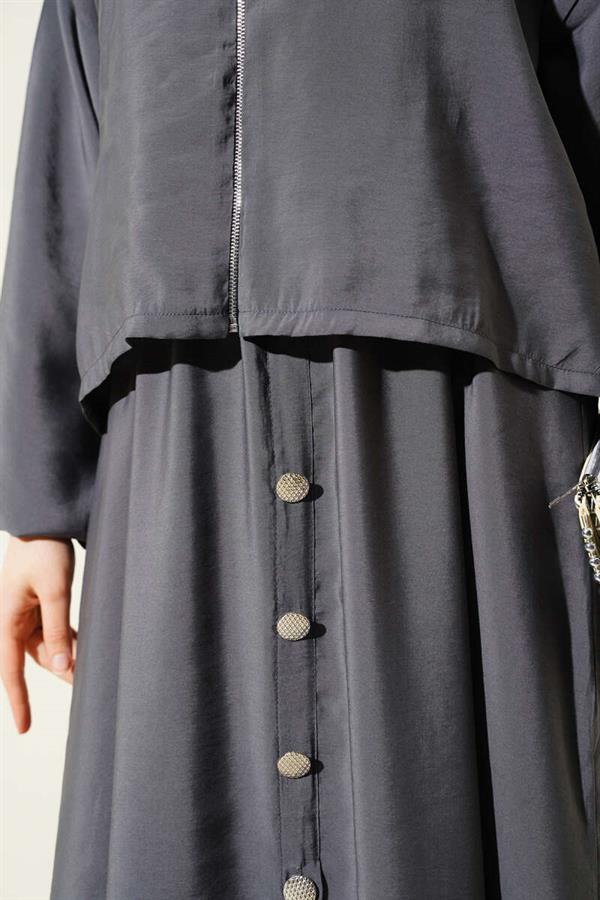 Waist Elastic Button Detail Dress 2 Piece Set Smoke