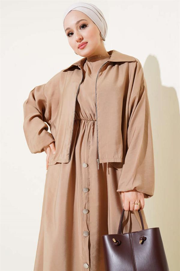 Elastic Waist Button Detail 2 Piece Set Latte