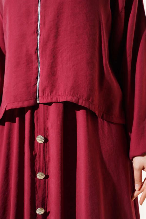 Waist Elastic Button Detail Dress 2 Piece Set Claret Red