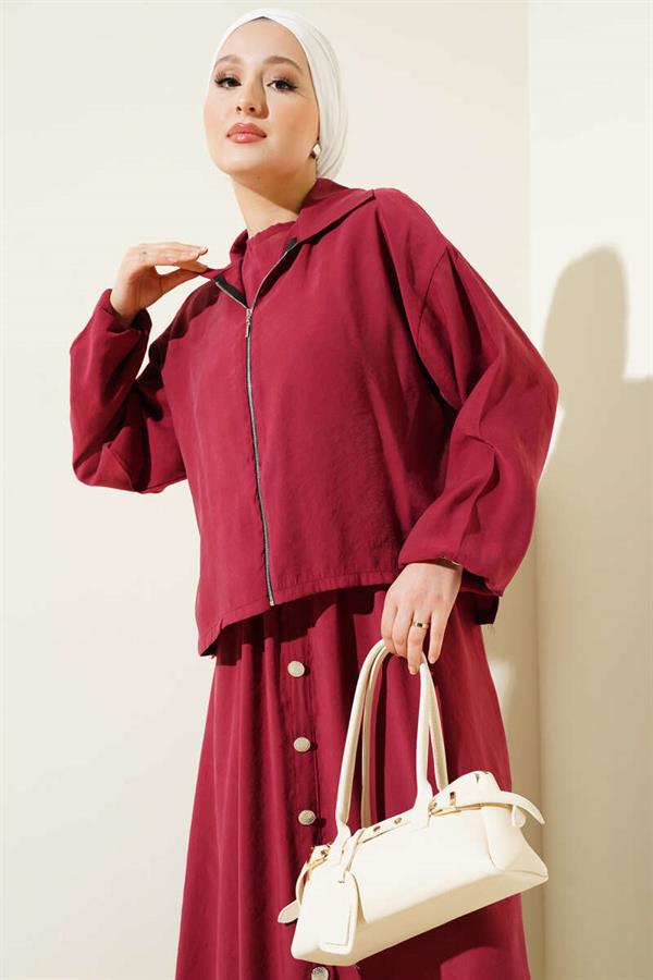 Waist Elastic Button Detail Dress 2 Piece Set Claret Red