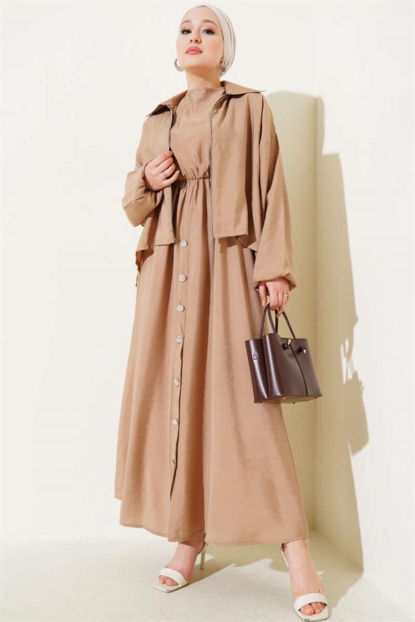 Elastic Waist Button Detail 2 Piece Set Latte