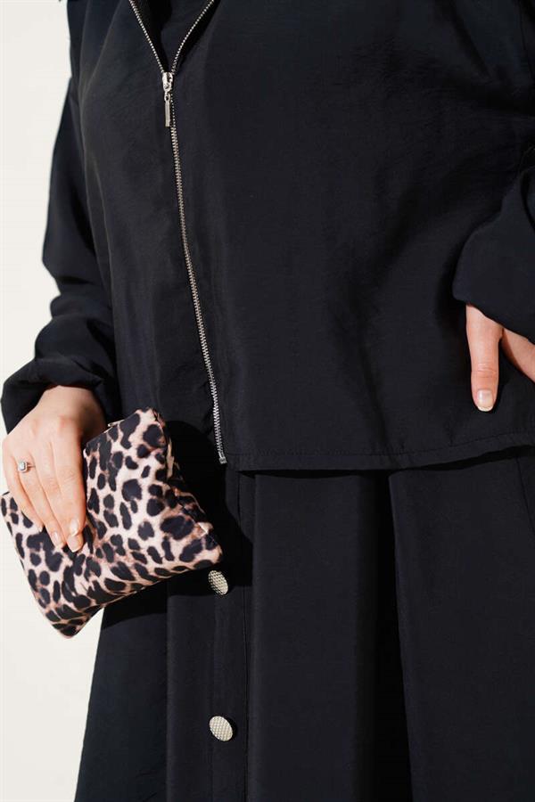 Elastic Waist Button Detail 2 Piece Set Black