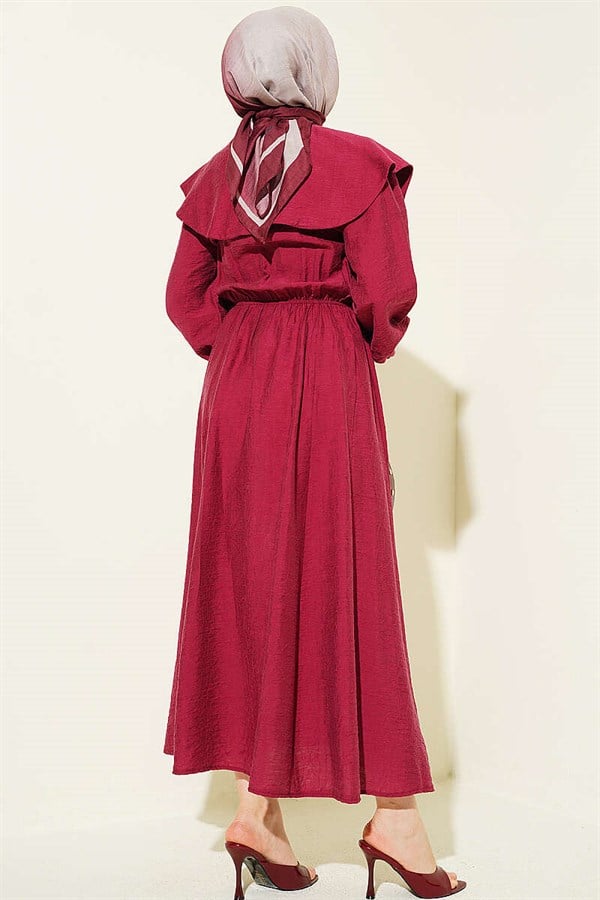 Buttoned Sailor Collar Dress with Elastic Waistband, Burgundy