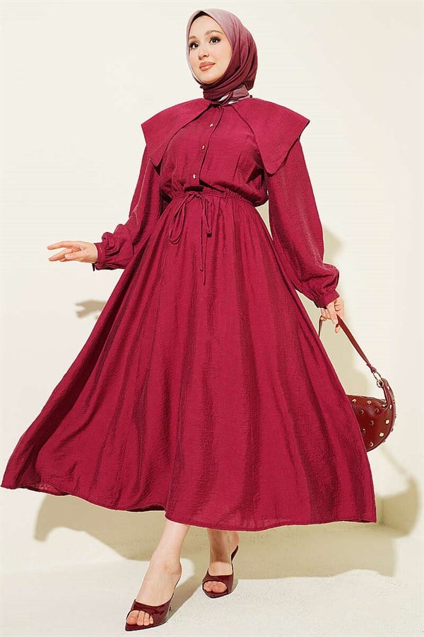 Buttoned Sailor Collar Dress with Elastic Waistband, Burgundy