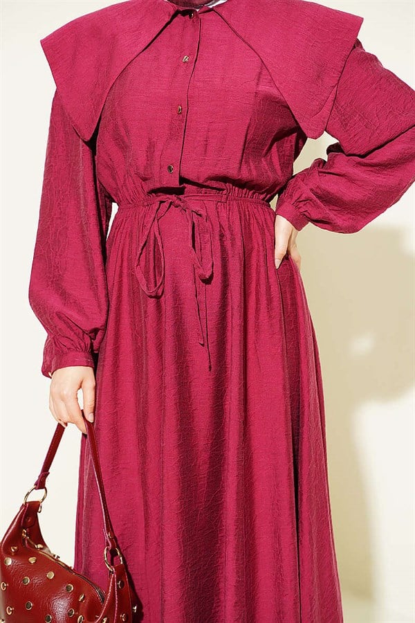 Buttoned Sailor Collar Dress with Elastic Waistband, Burgundy