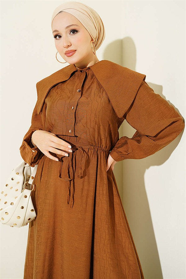 Buttoned Sailor Collar Dress with Elastic Waistband, Tan