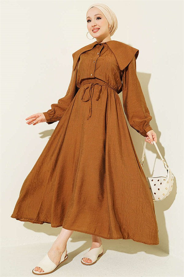 Buttoned Sailor Collar Dress with Elastic Waistband, Tan