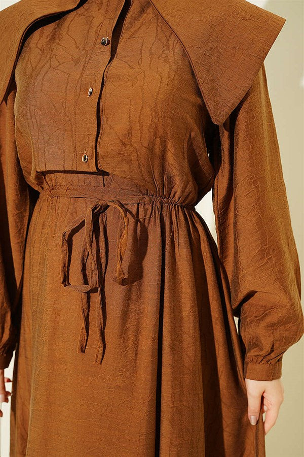 Buttoned Sailor Collar Dress with Elastic Waistband, Tan