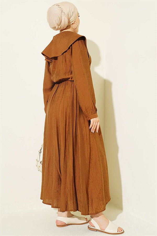 Buttoned Sailor Collar Dress with Elastic Waistband, Tan