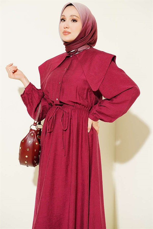 Buttoned Sailor Collar Dress with Elastic Waistband, Burgundy