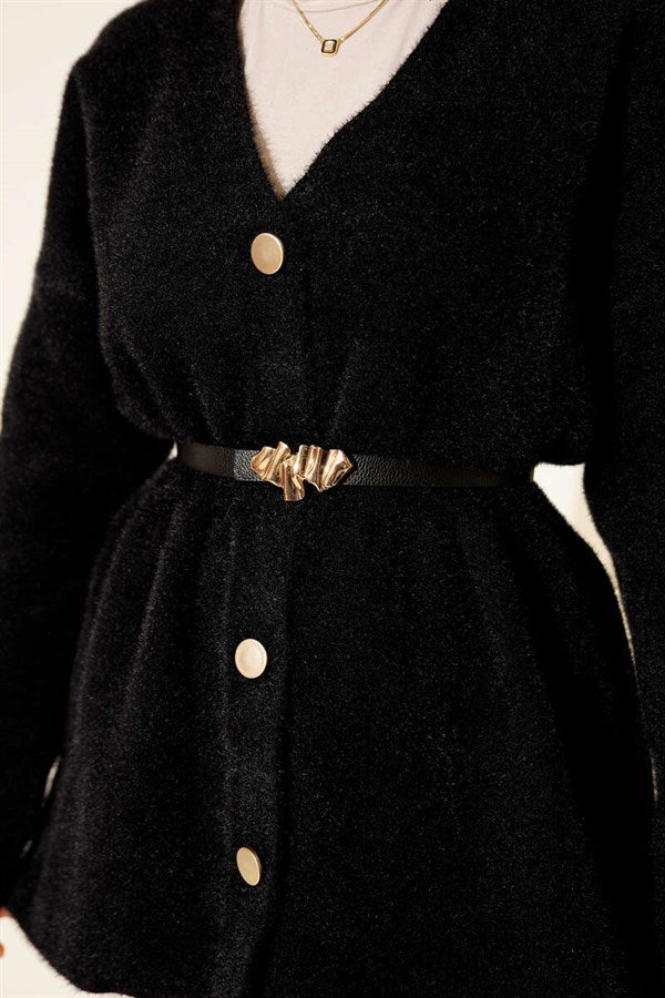 Black Buttoned, Elastic Waist Knit Cardigan with Textured Texture