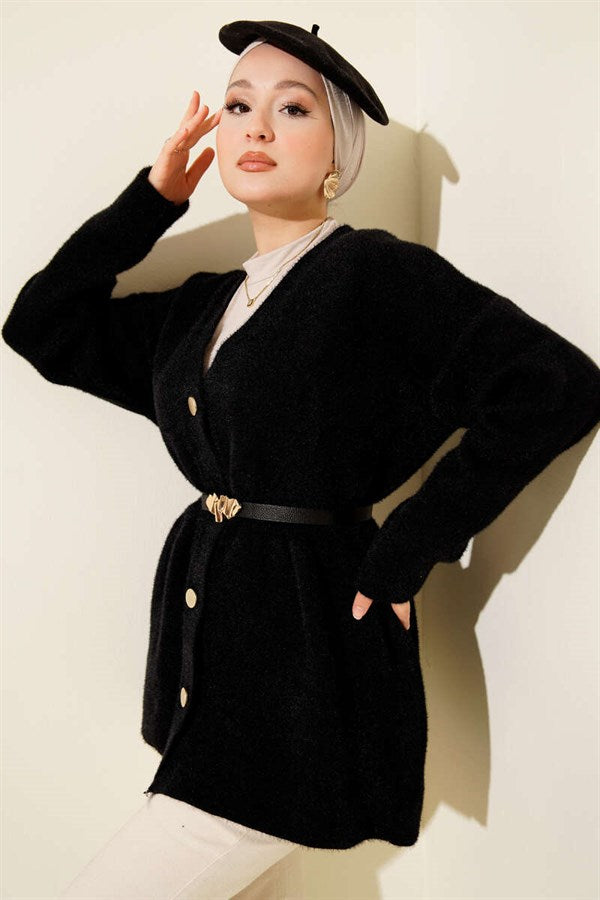 Black Buttoned, Elastic Waist Knit Cardigan with Textured Texture