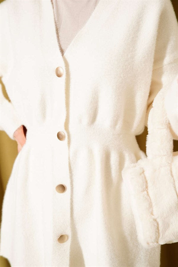 Buttoned, Elastic Waist, Textured Knit Cardigan, Ecru
