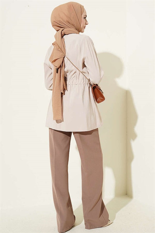 Tencel Jacket with Elastic Waistband and Button Closure, Beige