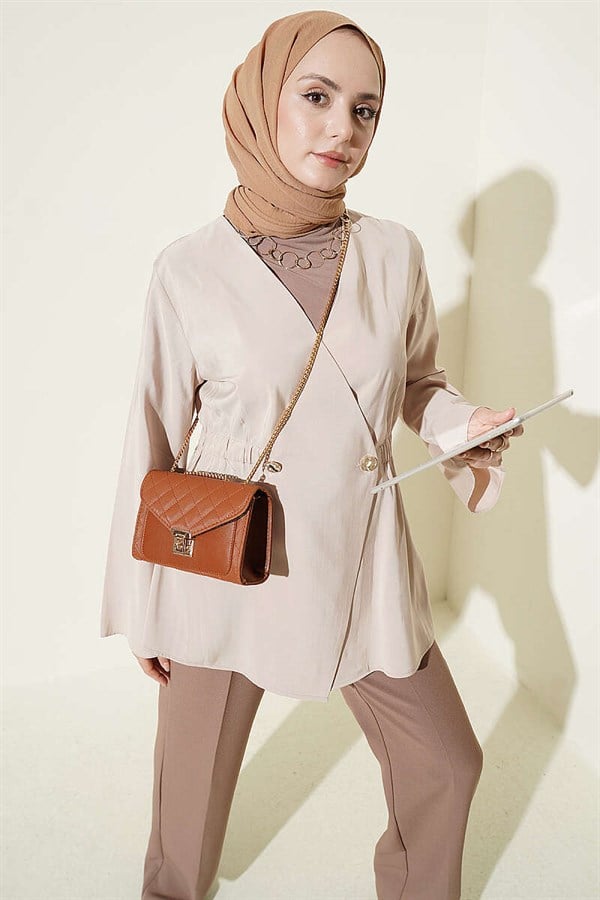 Tencel Jacket with Elastic Waistband and Button Closure, Beige
