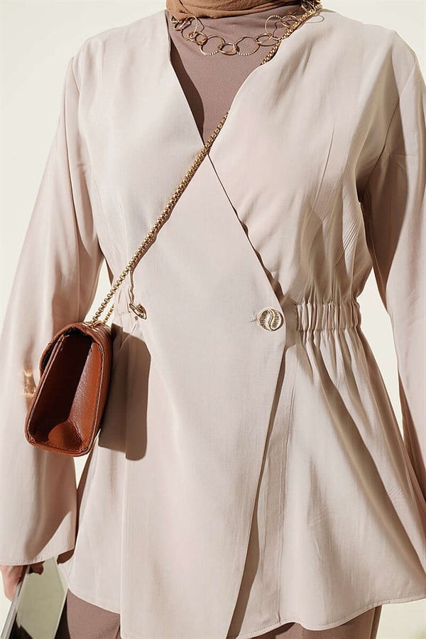 Tencel Jacket with Elastic Waistband and Button Closure, Beige