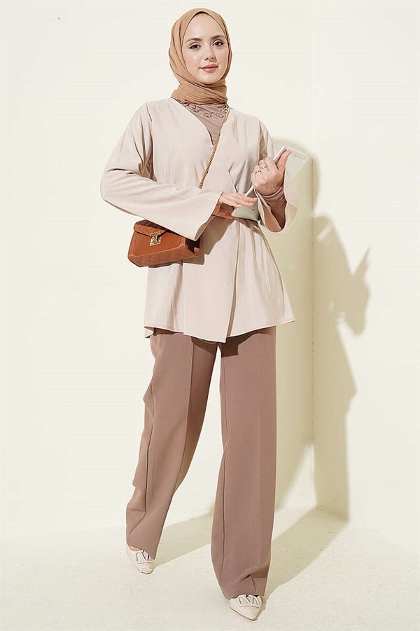 Tencel Jacket with Elastic Waistband and Button Closure, Beige