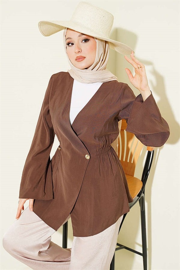 Tencel Jacket with Elastic Waistband and Buttons, Brown