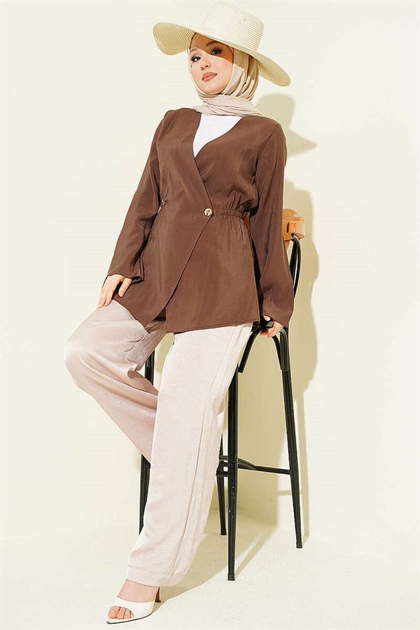 Tencel Jacket with Elastic Waistband and Buttons, Brown
