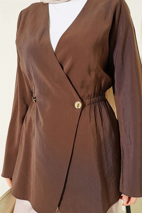 Tencel Jacket with Elastic Waistband and Buttons, Brown
