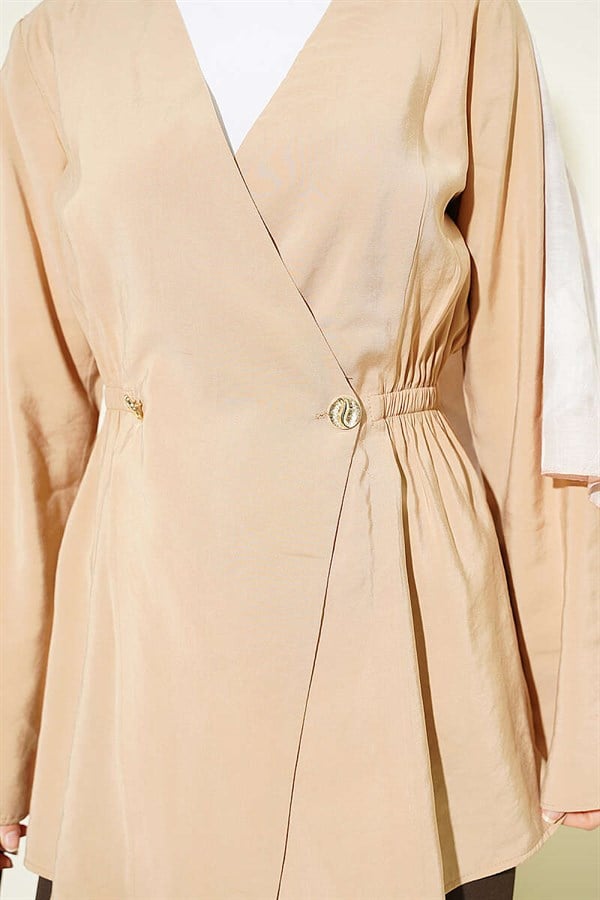 Tencel Jacket with Elastic Waistband and Button Closure, Sand Beige