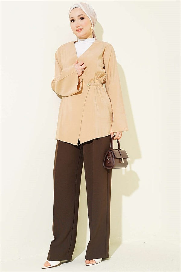 Tencel Jacket with Elastic Waistband and Button Closure, Sand Beige