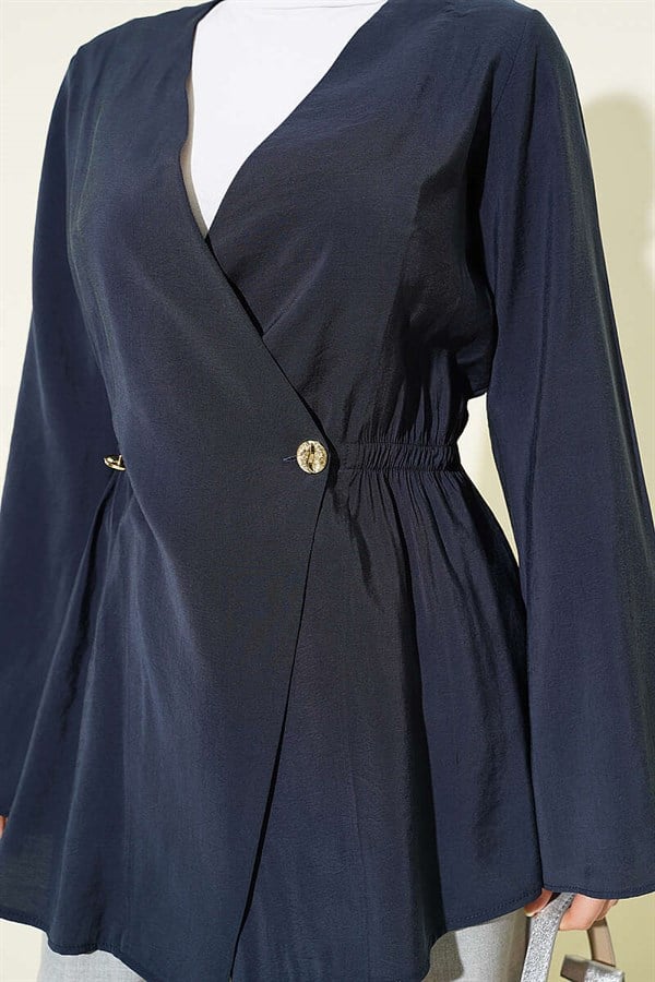 Tencel Jacket with Elastic Waistband and Button Closure, Navy Blue