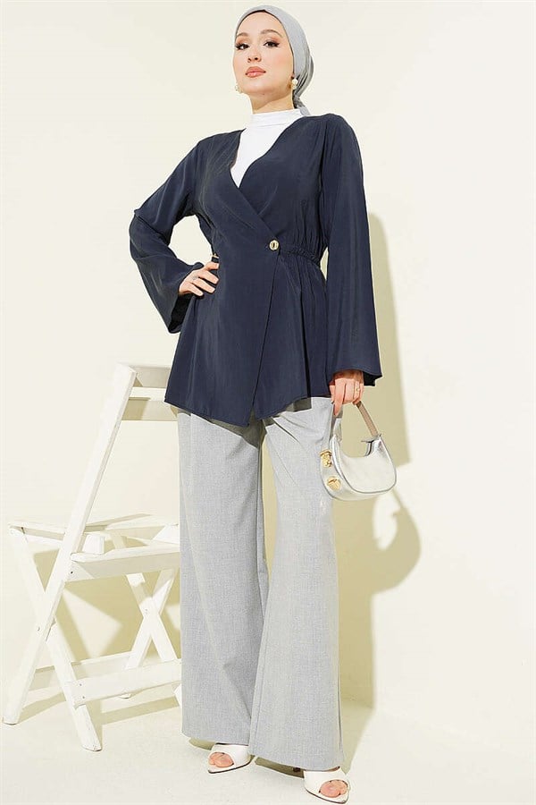 Tencel Jacket with Elastic Waistband and Button Closure, Navy Blue