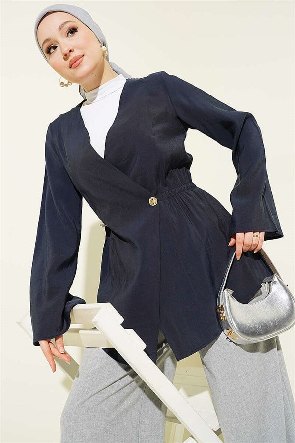 Tencel Jacket with Elastic Waistband and Button Closure, Navy Blue