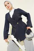 Tencel Jacket with Elastic Waistband and Button Closure, Navy Blue