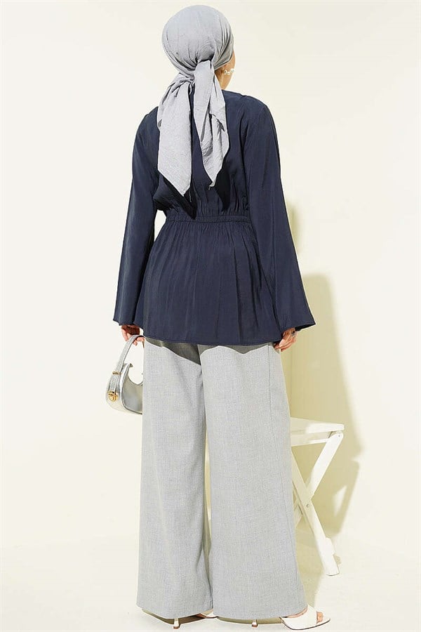 Tencel Jacket with Elastic Waistband and Button Closure, Navy Blue