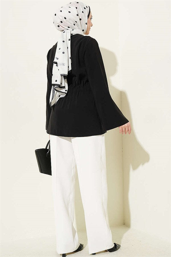 Tencel Jacket with Elastic Waistband and Button Closure, Black