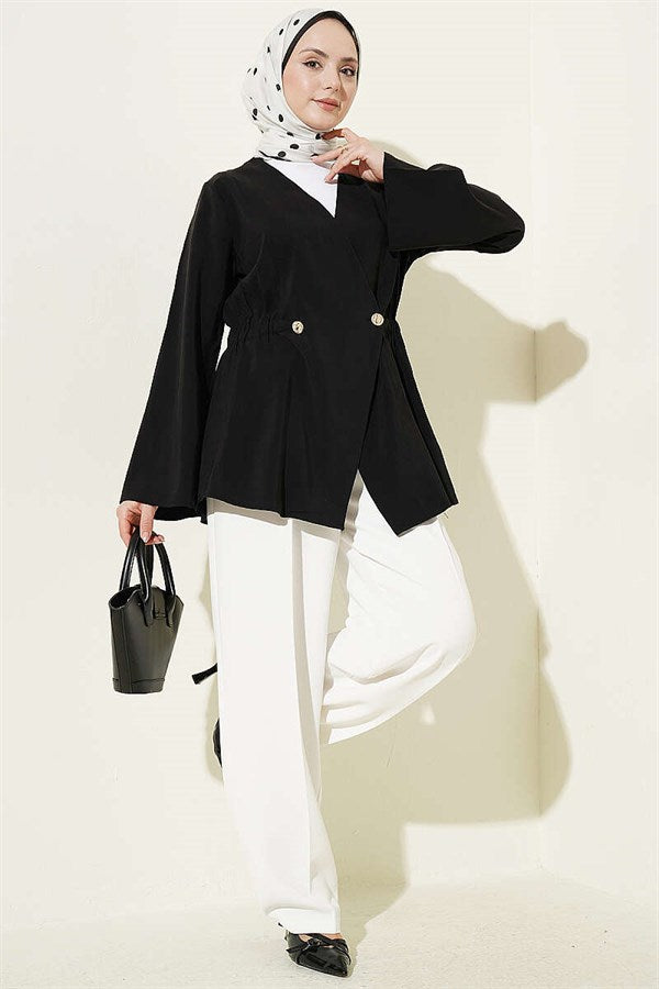 Tencel Jacket with Elastic Waistband and Button Closure, Black
